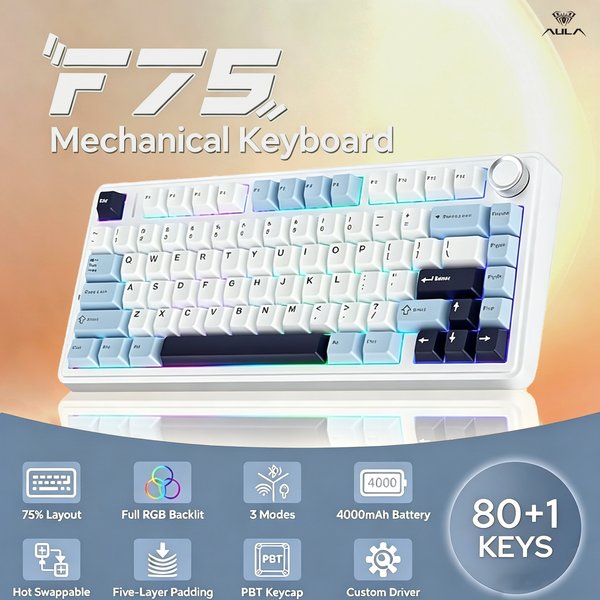 AULA F75 75% Gasket Hot-Swap Mechanische Tastatur RGB-Hintergrundbeleuchtung Tri-Mode Bluetooth 2.4G Kabelgebunden für PC Laptop