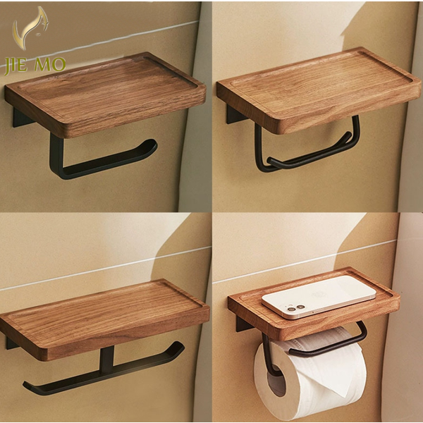 Porte-serviettes en papier en noyer noir, support créatif pour rouleaux de papier toilette en bois massif, crochet pour serviettes en papier, étagère de salle de bain