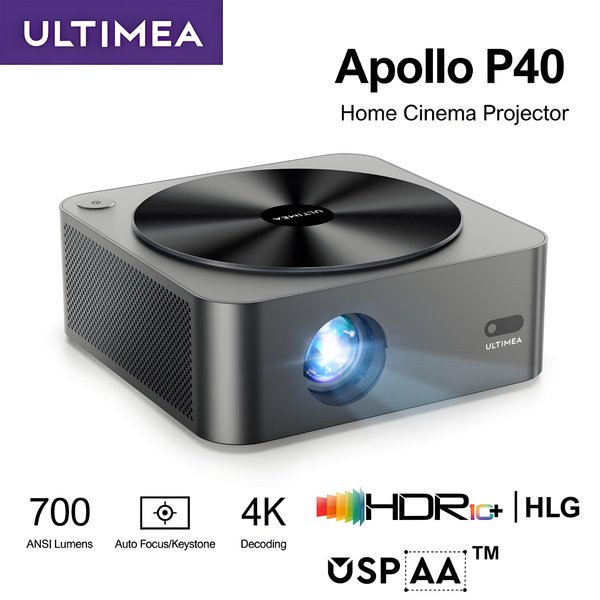 ULTIMEA Apollo P40 Projecteur Full HD 1080P Natif, 700 ANSI Lumens, Compatible 4K, Mise au Point Automatique et Correction Trapézoïdale 6D, WiFi Double Bande 2.4G/5G, Haut-Parleur DSP 10W