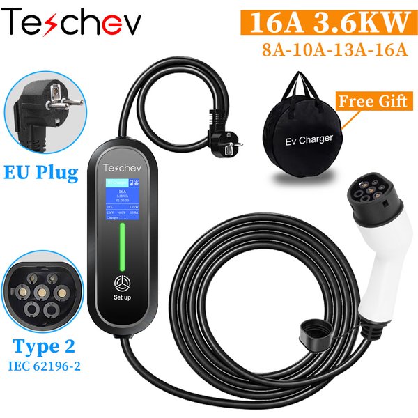 Teschev Tragbares EV-Ladegerät Typ 2 IEC 62196 Elektroauto-Ladegerät 3,5 kW 16 A 1 Phase EVSE Schnellladung Wallbox EV-Ladestation