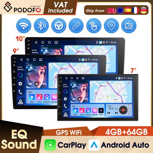 Podofo Android 7 9 10 Zoll 4+64G Autoradio IPS-Bildschirm WLAN GPS Intelligente Autosysteme FM RDS Kabelloses CarPlay Android Auto Bluetooth Autoradio