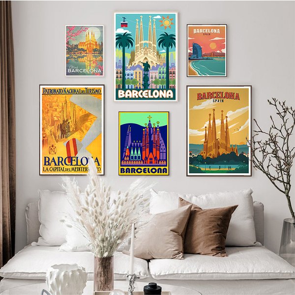 Travel Canvas Paintings Vintage Kraft Posters Coated Wall Stickers Home Decor Family Gift Europe Spain Barcelona Pop Art