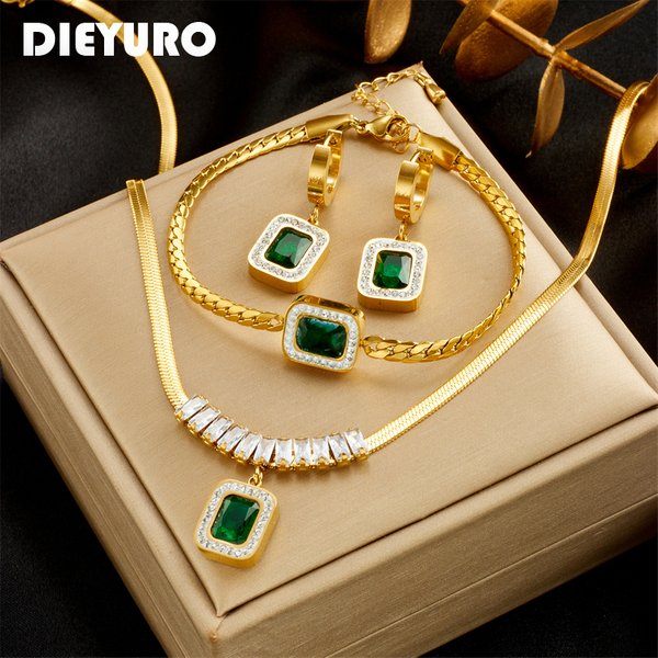 DIEYURO 316L Stainless Steel Luxury Non-fading Square Green Crystal Zircon Pendant Necklace Earrings Jewelry Set For Women Gifts