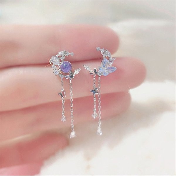 Zarte Nette Zirkon Mond Quaste Schmetterling Stud Ohrringe Für Frauen Koreanische Neue Mode Asymmetrische Ohrringe Mädchen Partei Schmuck