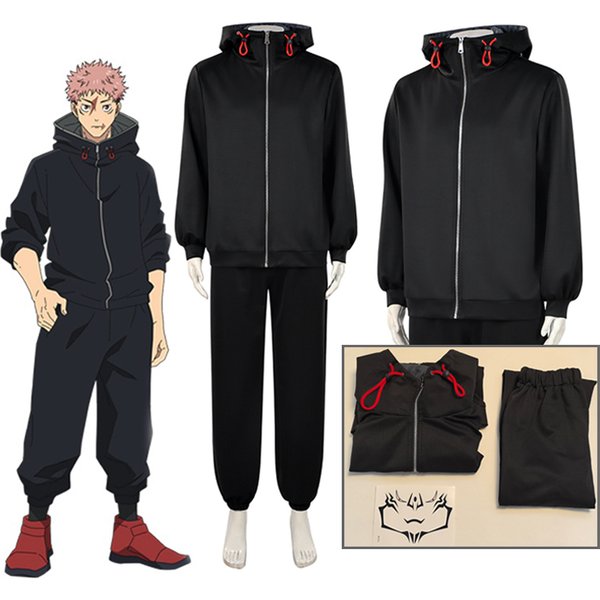 Yuji Itadori Cosplay-Kostüm-Set mit Perücke, schwarze Jacke, Kapuzenpullover, Uniform, Anime, Sportbekleidung, Halloween, Unisex