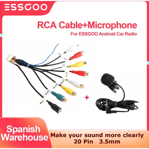 ESSGOO autoradio 3.5mm Microphone caisson de basses fils micro 20 broches câble RCA pour Android stéréo sortie caisson de basses Kit