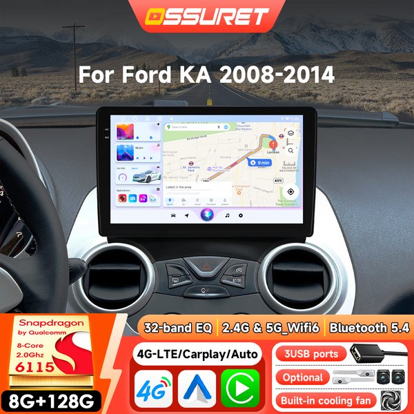Android Auto-Multimedia-Videoplayer für Ford KA 2008 - 2014, kabelloses Carplay, intelligentes Radio, 2DIN, 360-Grad-Kamera, Autoradio, GPS, Stereo, DSP, 4G Wifi, 1280*720 Bildschirm