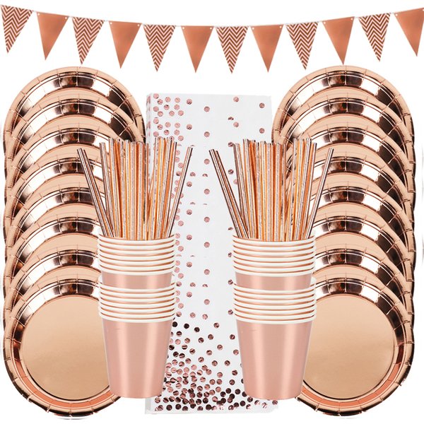 Décorations d'anniversaire en or rose ensemble de vaisselle jetable gobelet en papier adulte mariage décorations de fête d'anniversaire enfants babyshower fille
