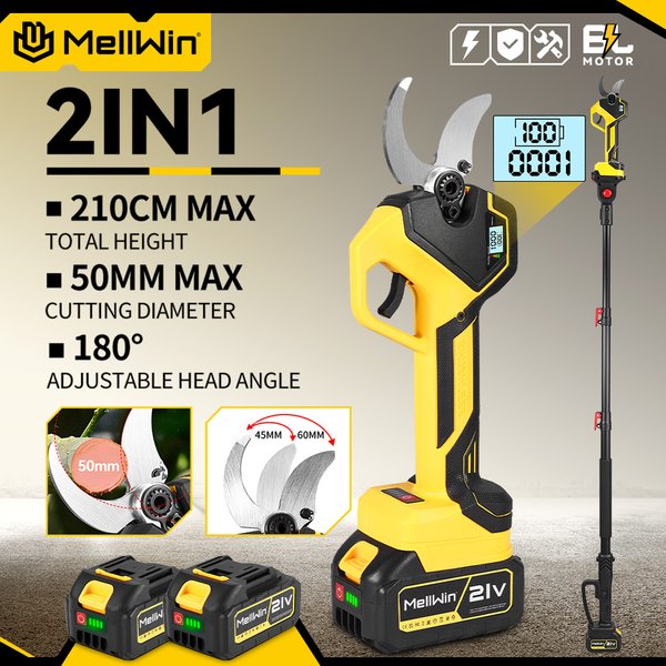 MELLWIN 50MM Bürstenlose Elektrische Gartenschere mit 180CM Teleskopstange, 2-Gang-Gartenschere für Makita 18V Akku