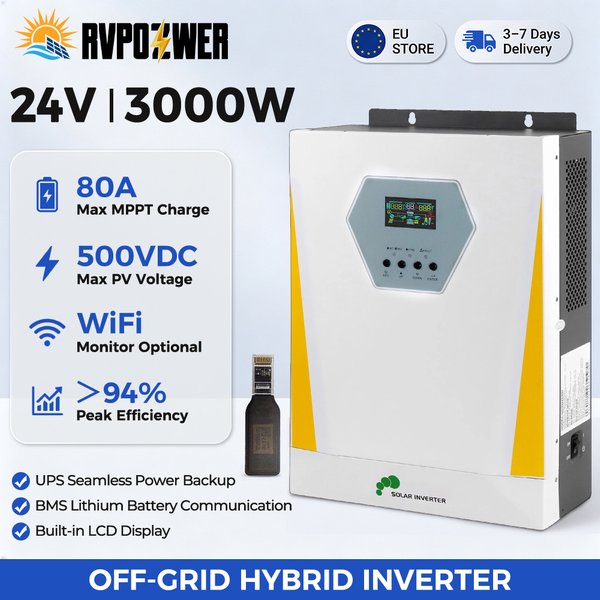 RVPOZWER 3000W 24V Hybrid-Off-Grid-Solarwechselrichter, 500VDC PV-Eingang, 80A MPPT-Ladegerät, WiFi, USV, BMS-Kommunikation, reine Sinuswelle für Zuhause, Wohnwagen, Solar-Backup