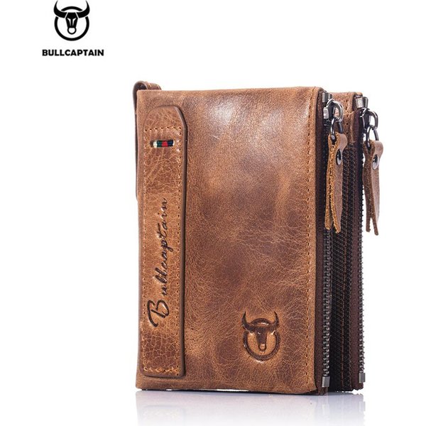Portefeuille en cuir rétro pour homme BULLCAPTAIN, portefeuille court à fermeture éclair, porte-cartes, porte-monnaie, portefeuille RFID QB06