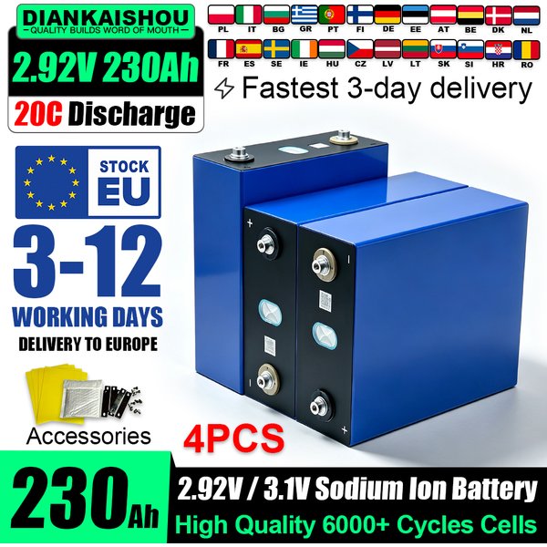 Brandneue Klasse A 3,1V 230Ah Natrium-Ionen-Batterie 2,92V Zelle, 20C Entladerate, ausgezeichnete Beständigkeit bei niedrigen und hohen Temperaturen, zum Selbstbau von 12V 24V 48V 96V Batteriesystemen