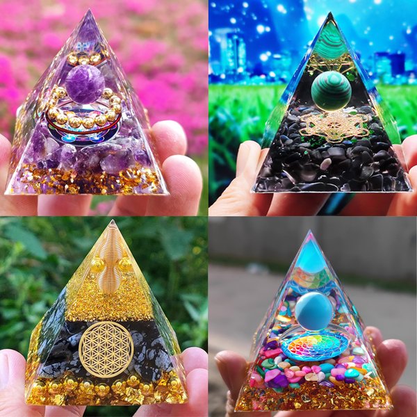 Pyramide d'énergie Orgonite Reiki, boule d'améthyste naturelle, cristaux de guérison, outil Chakra, ornements, pierres en résine, artisanat, cadeau pour enfants
