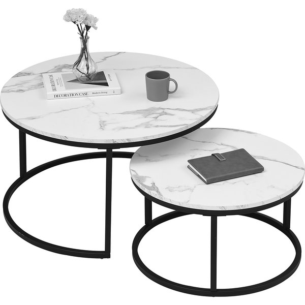 2 in 1 Marble Texture Coffee Table For Living Room Sofa Side Round Tea Desk Wooden Combination Furniture Metal Bracket Black