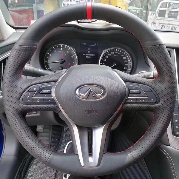 Handgenähter Rutschfester Schwarzer Echtleder-Lenkradbezug für Infiniti QX50 Q50 2018-2020 Q60 2016-2020