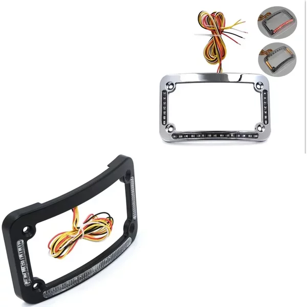 Gebogener Motorrad-Kennzeichenrahmen mit zwei LEDs und Bremse oder Drehungen – Aftermarket-Motorteile mit verchromter Oberfläche