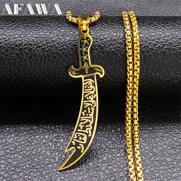 Arabische Ali-Schwert-Messer-Kettenhalsketten für Männer aus Edelstahl in Goldfarbe, muslimischer islamischer Schmuck, Halskette, Acero N558S02