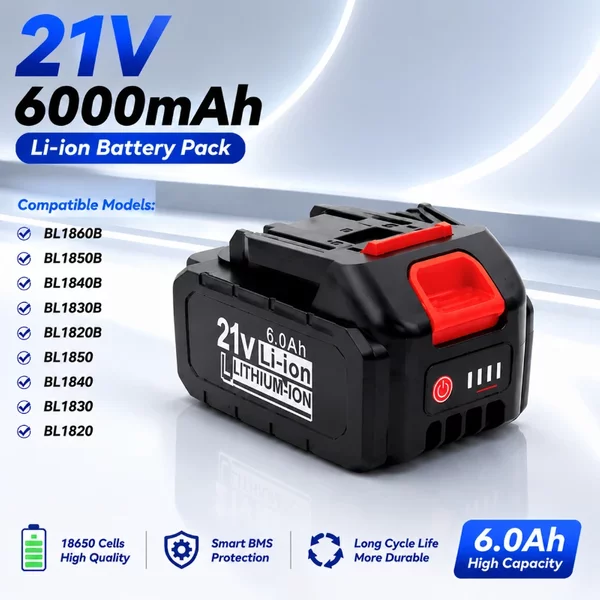 21V 6000mAh Li-Ion Akku-Pack, 18650 Zellen, 5S2P, hohe Kapazität, schnelles Laden, Ersatzakku, kompatibel mit BL1815 BL1820 BL1830 BL1840 BL1850 BL1860 Elektrowerkzeugen, EU-Lagerbestand