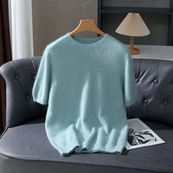 Frühling Herbst 100% Nerz Kaschmir Kurzarm männer T-Shirt Lose Oansatz Einfarbig Stricken Pullover Casual Business Basis Pullover