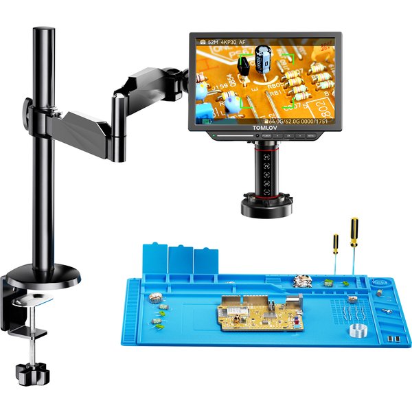 TOMLOV 4K Digitalmikroskop Autofokus 2000-fache Vergrößerung TM4K-AF Flexibler Armständer HDMI Löt-Mikroskop für Elektronikreparaturen Schmuckinspektion 8-Zoll-Display TV-Unterstützung