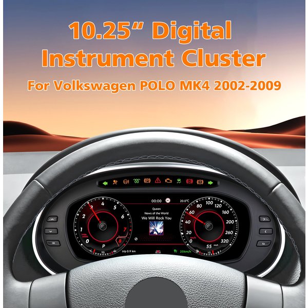 10,25" Digitales Armaturenbrett für Volkswagen VW POLO MK4 2002-2009 Virtuelles Cockpit Automotive Carplay Auto HDMI Tachometer Temperatur Kraftstoffverbrauch