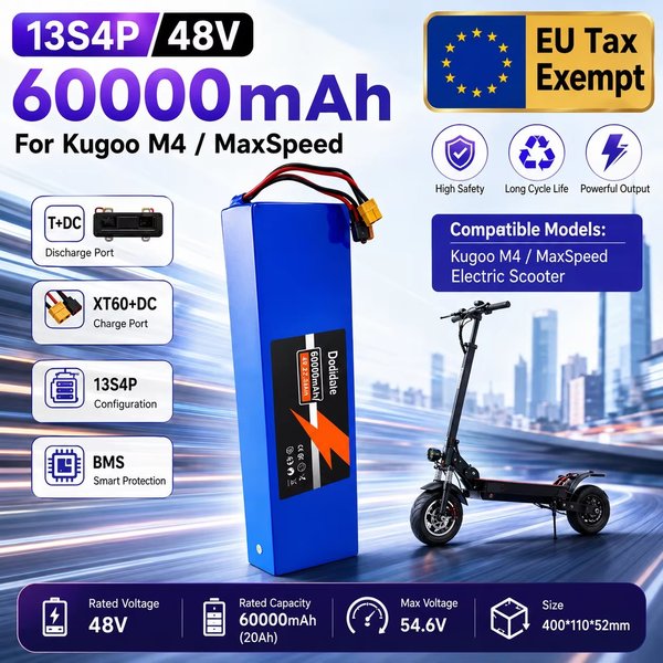 High Quality 48V 13S4P 60Ah Large Capacity Lithium Battery Pack, Built-in BMS and 500W-1500W Motor, Suitable for Kugoo Electric Intelligent APP Scooter Battery