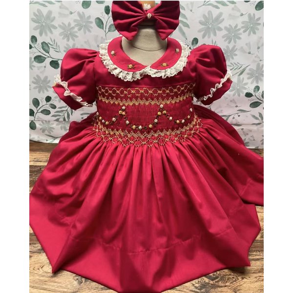 Baby Girl Summer Red Flower Handmade Embroidery Smocked Dress for Christmas Eid Birthday Party Holiday Photography Casual A189