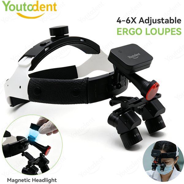 48 ° Loupes chirurgicales dentaires Ergo 4-6X avec zoom, loupe binoculaire à fixation sur tête avec lampe frontale LED magnétique 5W pour dentiste et ORL