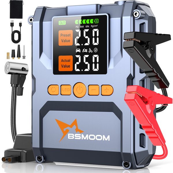 Démarreur de voiture portable avec compresseur d'air, 1500A 25000mAh, boîte de démarrage portable, batterie externe et câbles de démarrage pour moteurs essence 10L et diesel 8L, booster de batterie de