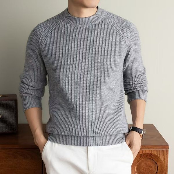 2026 Slim Fit Herren Grauer Pullover mit Taillenbetonendem Streifen, Gestrickter Langarm-Freizeitpullover, Warm und Dick, Amerikanischer Stil, Unterhemd