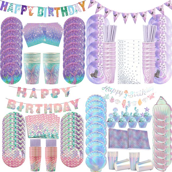 Fournitures de décoration de fête sirène, assiettes jetables, tasses, serviettes, ensemble pour filles, réception-cadeau pour bébé, sirène, anniversaire de princesse