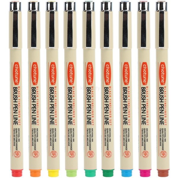 9 Farben weicher Pinsel mit poröser Spitze, Zeichnungsdesign, Skizze, Mikron-Stift, 0,5 mm Fineliner, Nadel-Zeichenstift-Zubehör