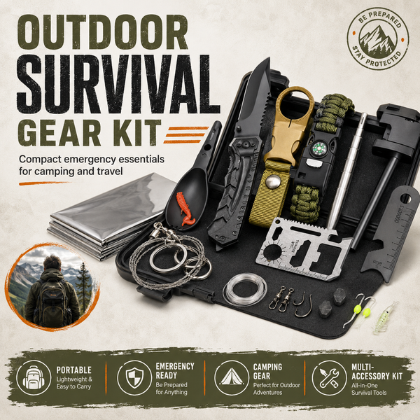 Kit de survie d'urgence en plein air, ensemble d'outils de camping portable avec bracelet boussole, couverture d'urgence, allume-feu, scie à fil, carte multi-outils et étui de transport pour la