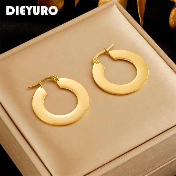 DIEYURO 316L acier inoxydable couleur or cercle boucles d'oreilles pour femmes fille mode boucle d'oreille ne se décolore pas bijoux cadeau fête