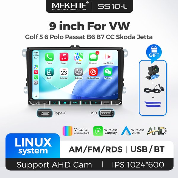MEKEDE 9" Kabelloses CarPlay Android Autoradio für Volkswagen Universal VW Golf Passat JETTA Polo CC Beetle Skoda SEAT Intelligentes Autosystem Linux Radio Stereo FM RDS Kostenlose AHD-Kamera MIC