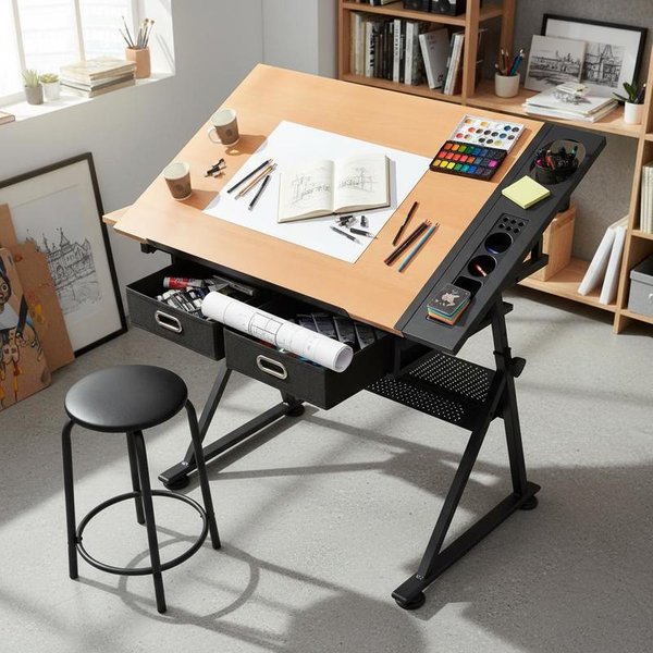 Zeichentisch 118x62 cm mit neigbarer Platte & Hocker – Höhenverstellbarer Architekten-Zeichentisch mit 2 Schubladen, großer Arbeitstisch zum Zeichnen, Designen & für das Büro, stabiler Zeichentisch