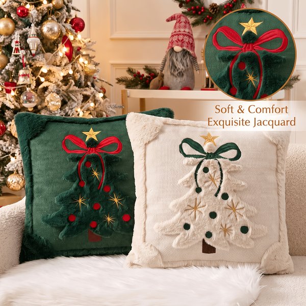 Housses de coussin 3D motif sapin de Noël en fausse fourrure brodée pour canapé et décoration intérieure