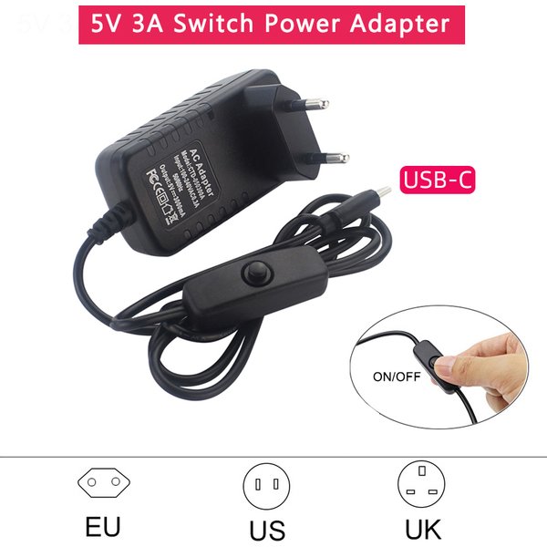 Alimentation 5V 3A avec interrupteur marche/arrêt, prise EU US UK, chargeur USB type-c, adaptateur d'alimentation pour Raspberry Pi 4 Orange Pi Zero 3 / 3B