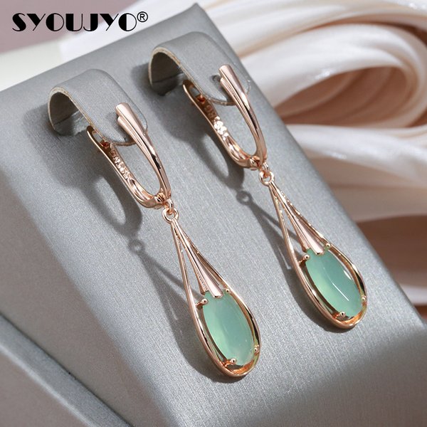 SYOUJYO Smaragd Lange Tropfen Natürliche Zirkon Baumeln Ohrringe Für Frauen 585 Rose Gold Farbe Vintage Edlen Schmuck Luxus Täglichen Ohrring