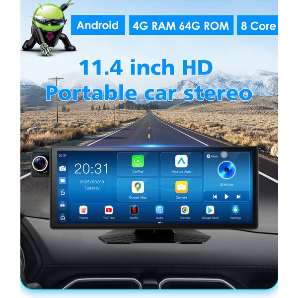11.4-calowy przenośny radioodtwarzacz samochodowy HD, uniwersalny system Android 14, odtwarzacz multimedialny samochodowy z GPS, nawigacja, bezprzewodowy Apple CarPlay, Android Auto, FM, BT, AUX