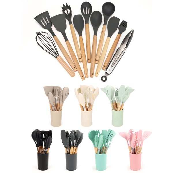 12 Stück Silikon-Küchenutensilien, Spatel, Schaufel, Suppenlöffel, Kochwerkzeug mit Aufbewahrungseimer, antihaftbeschichteter Holzgriff, Küchenhelfer