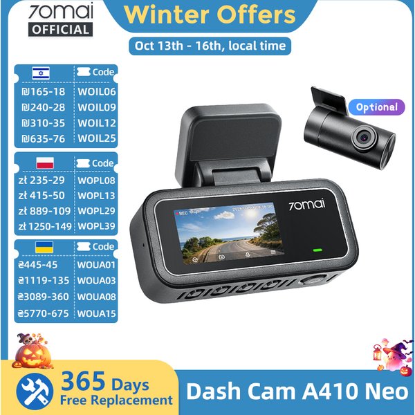 【Nowość】70mai Dash Cam A410 Neo 1440P HDR, dwukanałowy, wbudowany GPS, apertura f/1.6, superkondensator, Wi-Fi 6, 24-godzinny rejestrator parkingowy, 70mai A410 Neo