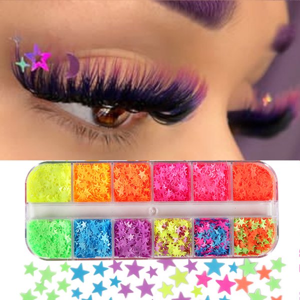 12 grilles mélange de couleurs fluorescentes, décoration de cils, tranches de Nail Art, paillettes colorées, accessoires d'art