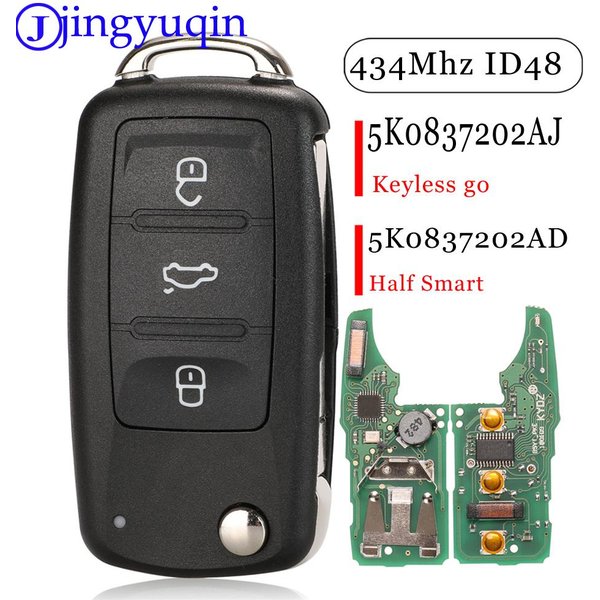 Jingyuqin 3 Buttons Keyless go 5K0837202AJ/AD 434MHZ ID48 Remote Key For VW Caddy Eos Golf Jetta Beetle Polo Tiguan Touran