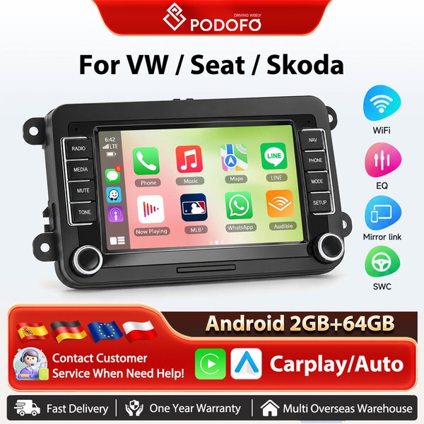 Podofo 7'' Kabelloses Carplay Android Auto Radio für VW Auto Multimedia Stereo GPS Navigation BT FM/RDS 2din Auto Intelligente Systeme Plug&Play Head Unit SWC Autoradio Wifi Multimedia Stereo EQ