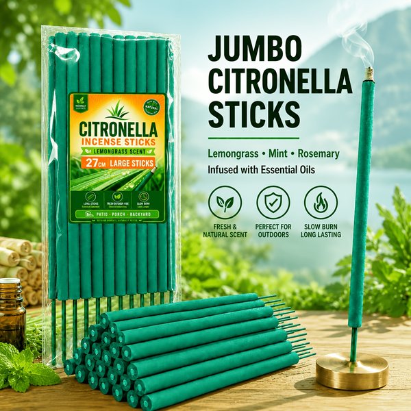 Bâtons d'encens à la citronnelle pour jardin, 27 cm, extra longs et épais, parfum frais de citronnelle, menthe et romarin, à combustion lente, dure environ 1,5 à 2 heures, adaptés pour l'extérieur