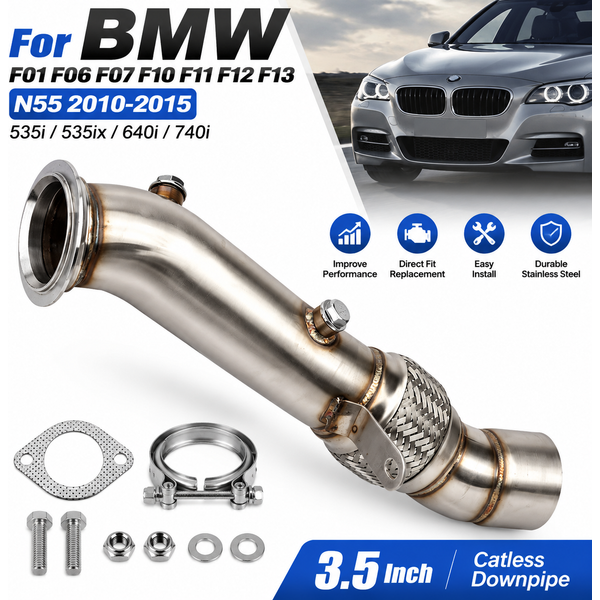 Für BMW F01 F06 F07 F10 F11 F12 F13 N55 3,5 Zoll katalysatorfreies Downpipe 2010-2015 535i GT 535ix 640i 740i Turbo-Auspuff-Ersatzteil aus Edelstahl, Performance-Rennsport, Direktpassung, einfache
