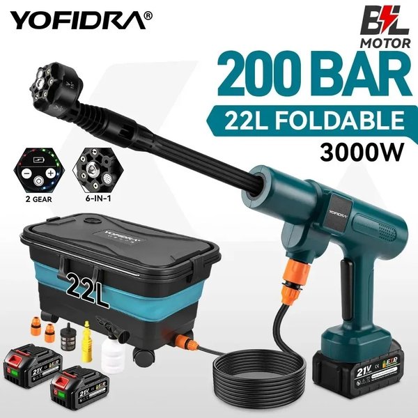 YOFIDRA 6 w 1 200Bar Bezszczotkowa Myjka Ciśnieniowa Bezprzewodowa z Wiadrem, Pistoletem do Mycia Samochodów, kompatybilna z akumulatorami Makita