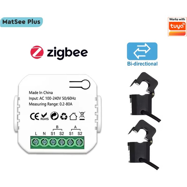 Compteur d'énergie intelligent ZigBee bidirectionnel 1, 2 canaux avec transformateur de courant à pince, surveillance de la puissance via application 80A 110V/240V 50/60Hz