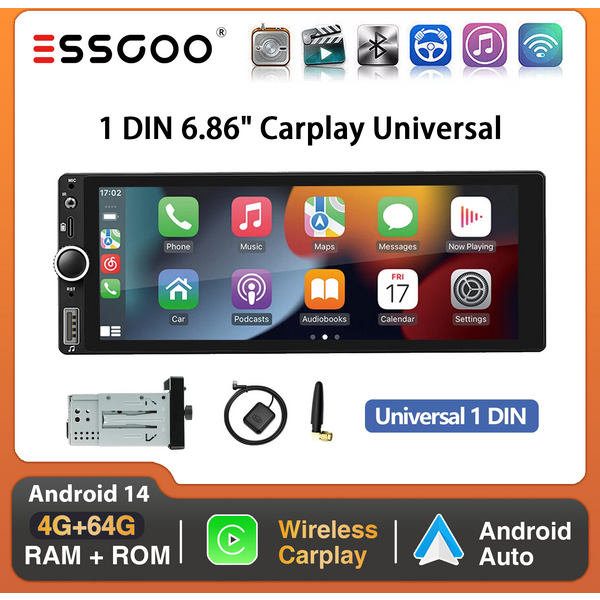 ESSGOO 6,86 "Android 14 1 DIN 4 + 64G Auto Stereo Radio Carplay Android Auto 1DIN GPS NAV Wifi BT RDS WIFI BT USB Typ-C Universal